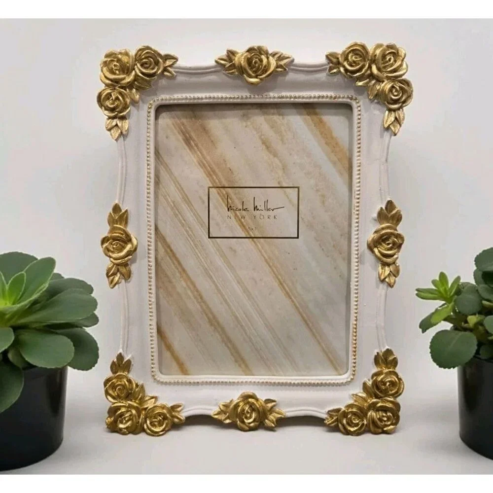 New Nicole Miller White / Gold BOHO Floral Hollywood Regency Picture Frame 5x7